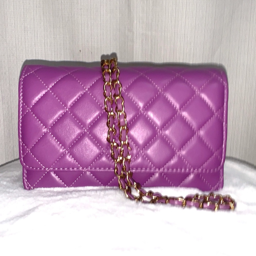 Lilac Purple Quilted Leather Wallet on a Chain Strap Crossbody Bag